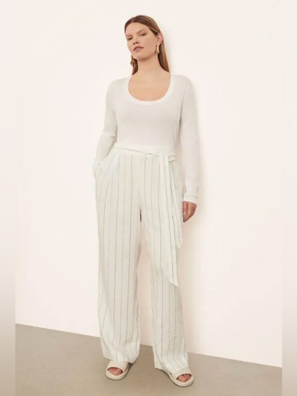 VINCE Striped Crepe Wide-leg Pants In Off-white 1XL Elastic Waist Casual Career
